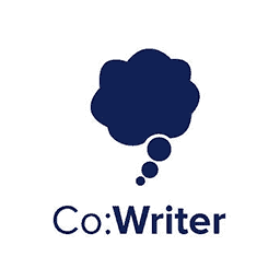 A dark blue thought bubble design is positioned above the text "Co:Writer" in the same color, set against a plain white background.