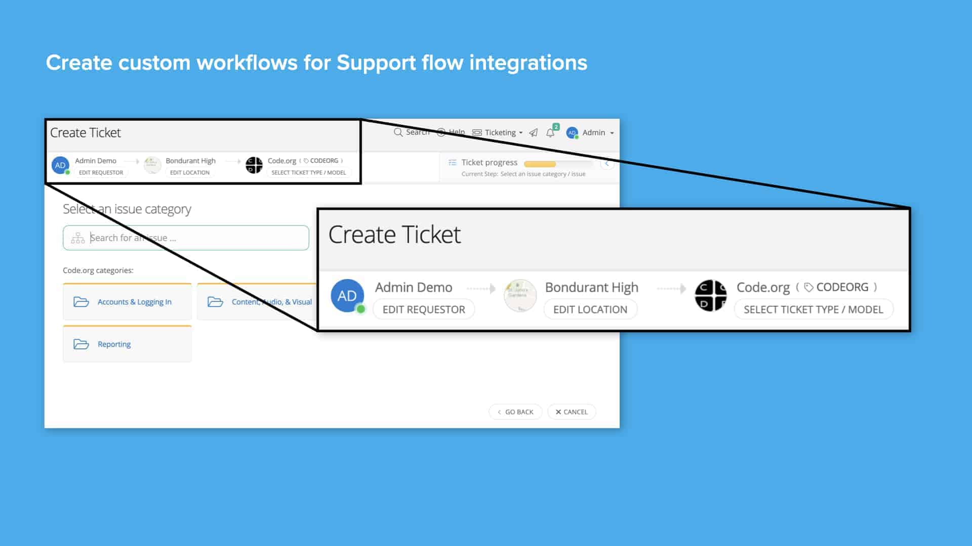 Blue background with screenshot of Incident IQ custom workflow creation for support flow integrations
