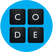 Four black squares, each containing a white letter spelling "CODE," arranged in a grid. The squares are centered on a bright blue circular background.