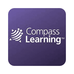 A purple square features the white text "Compass Learning" with a stylized globe logo on the left. The background is plain, emphasizing the logo and text.
