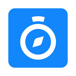 A white stopwatch icon with a compass design in the center is depicted on a blue square background, symbolizing direction or navigation.