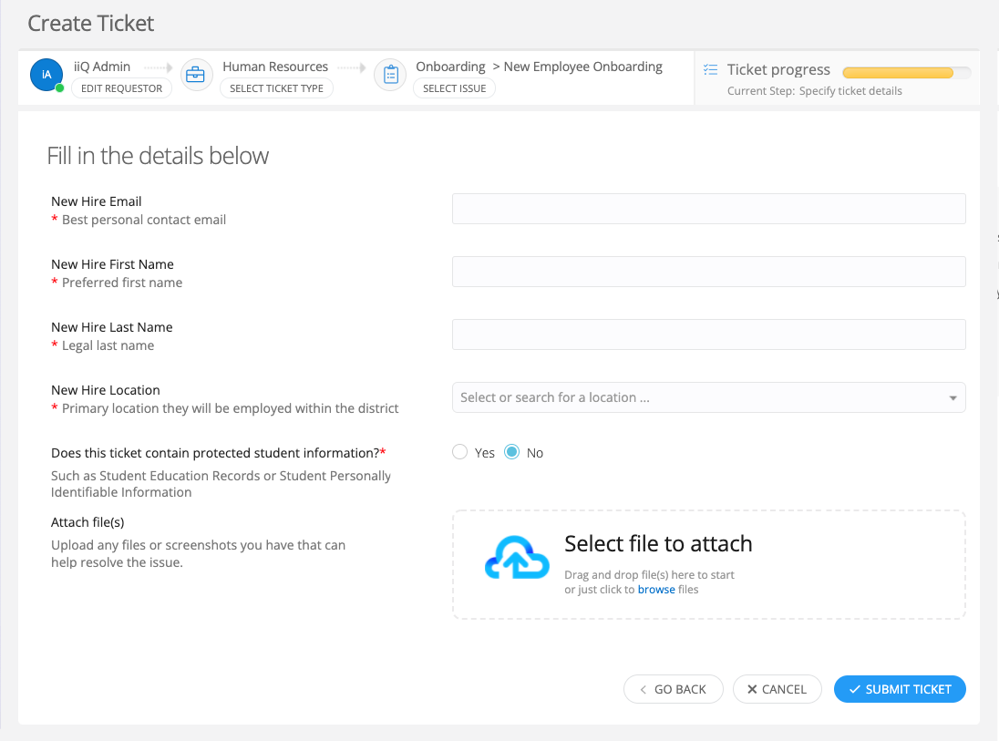 Ticket creation screen on Incident IQ platform