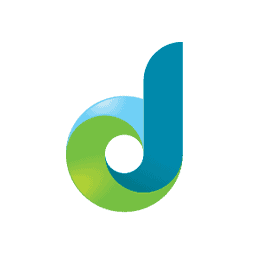 A stylized lowercase "d" combining blue and green swirls forms the shape. The letter is centered on a white background, suggesting a focus on nature and technology integration.