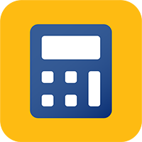 A blue calculator icon with a display screen and buttons is centered on a vibrant yellow background, symbolizing a digital or mathematical tool within a simple design.