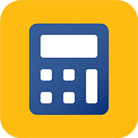 A blue calculator icon with a digital display and buttons is centered on a yellow square background.