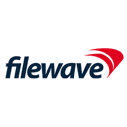 The logo features the word "filewave" in blue lowercase letters, accompanied by three red curved lines above, resembling a wave, set against a white background.