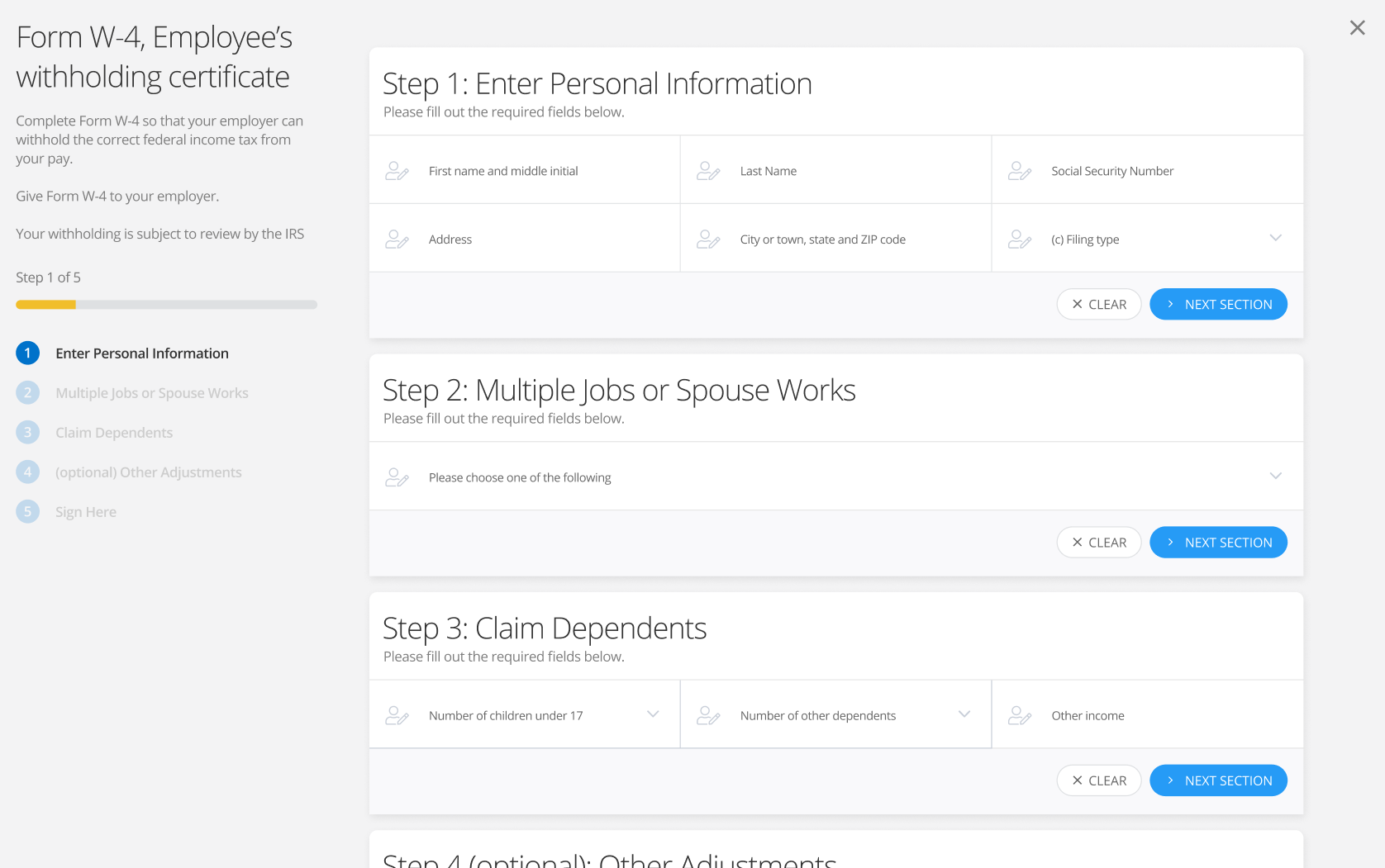 W4 form creation screen through Incident IQ's Form Manager app