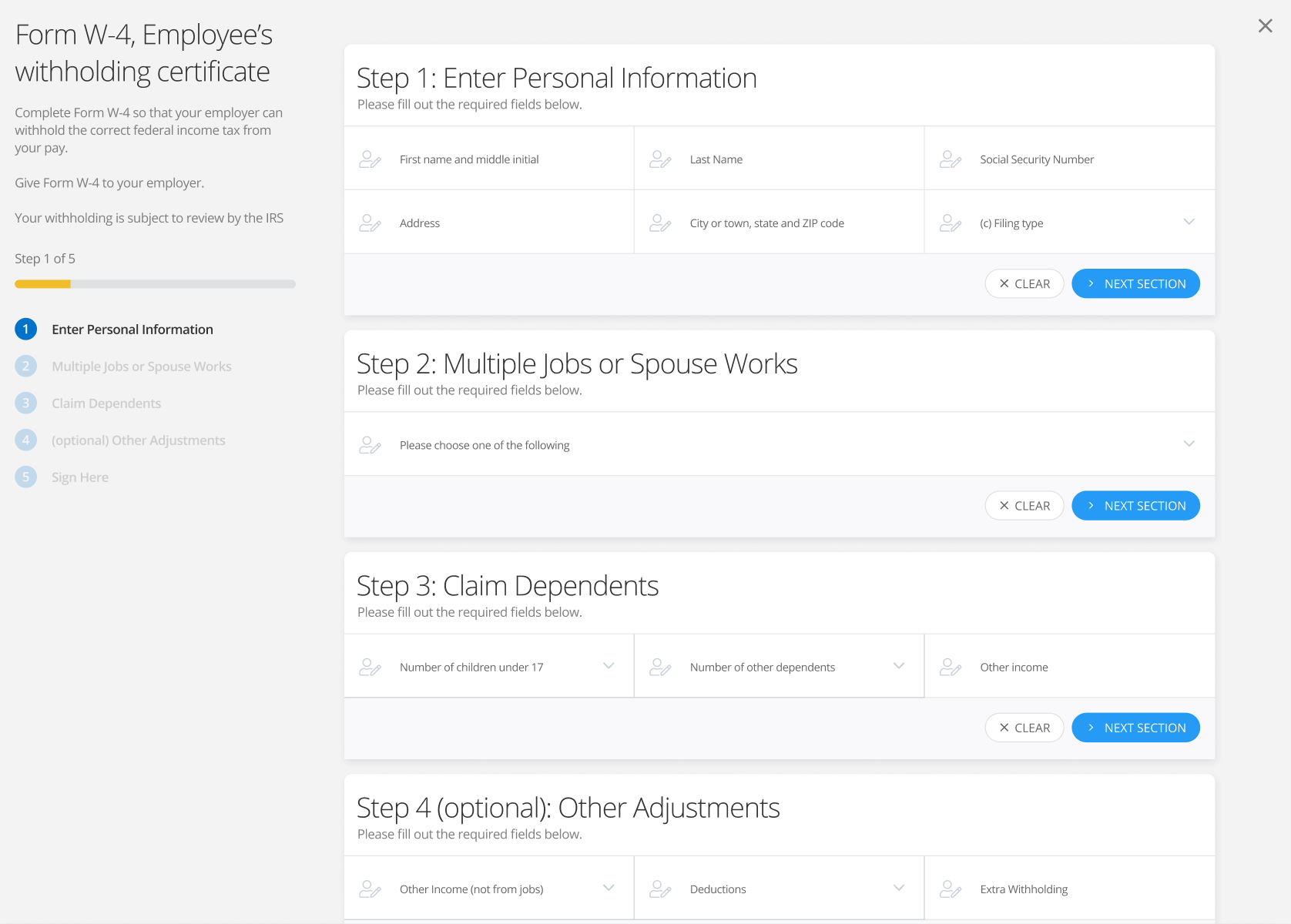 W4 form creation screen through Incident IQ's Form Manager app