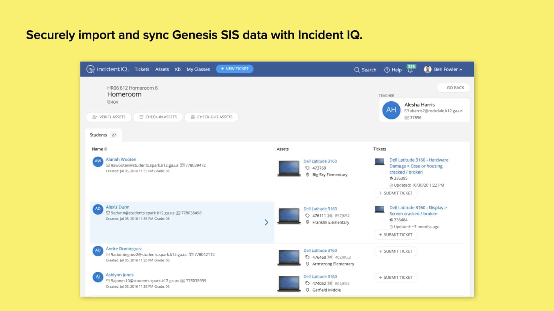 Neon yellow background with Incident IQ's Genesis SIS data import and sync screen