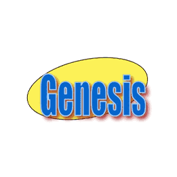 The word "Genesis" appears in bold blue letters with a red shadow, set against a yellow oval background on a white backdrop.