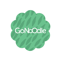 A green, scalloped circular logo features the text "GoNoodle" in white, centered, with a pattern of diagonal lines, set against a plain white background.