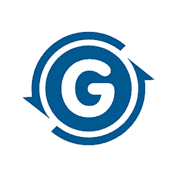 A large blue letter "G" is encircled by two arrows forming a circular shape, suggesting movement or recycling. The design is set against a white background.
