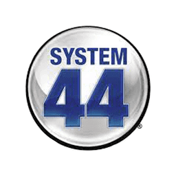 A round logo features bold text "SYSTEM 44" in blue and black on a shiny silver circle, set against a white background.