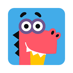 A cartoon pink dinosaur with a yellow neck and big eyes smiles, set against a blue square background, showcasing its playful and friendly expression.