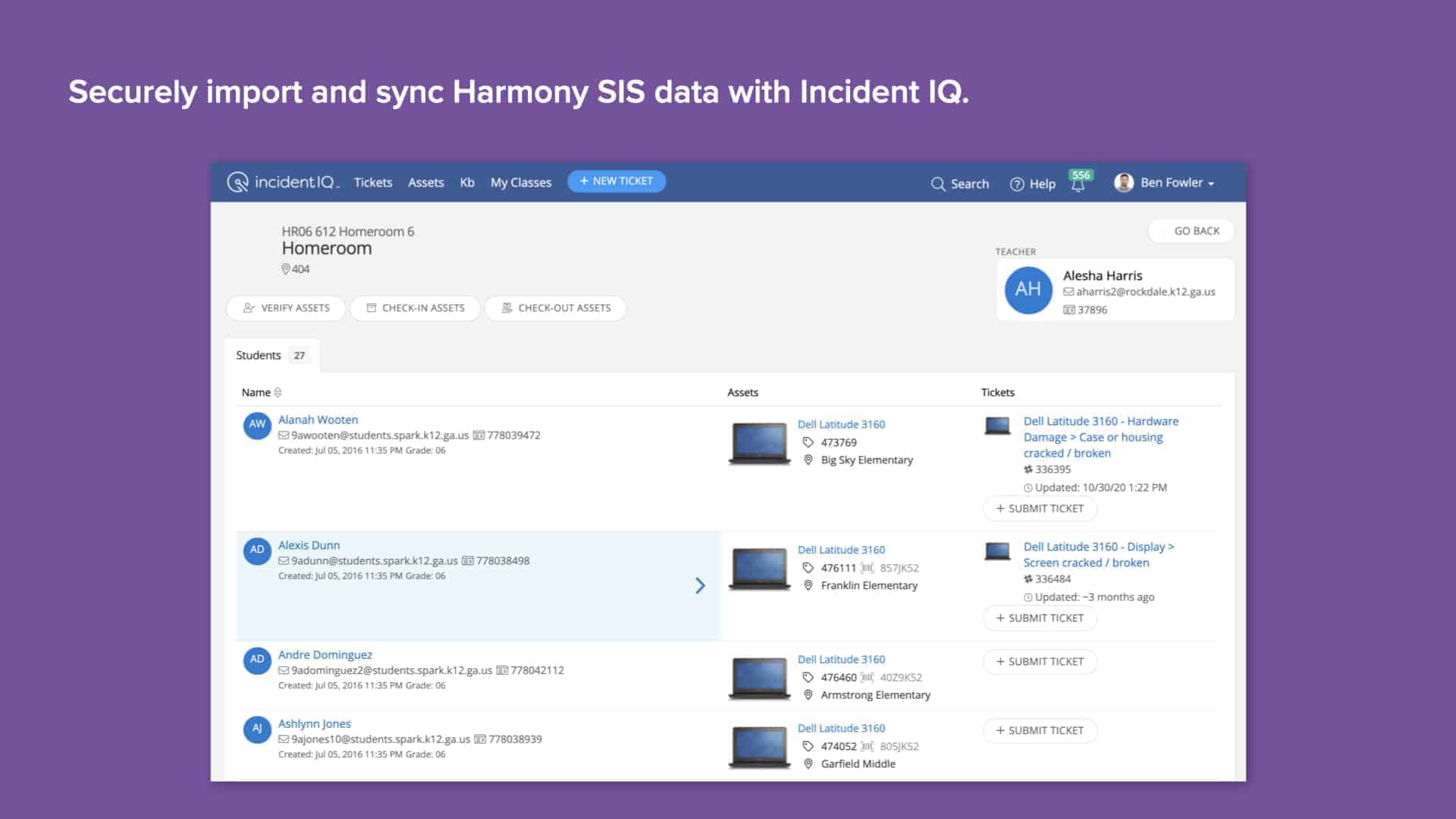 Purple background with Incident IQ's Harmony SIS data import and sync screen