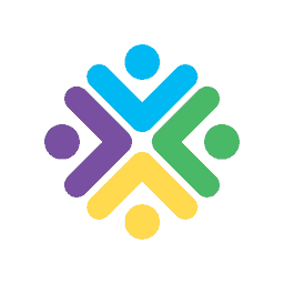 A colorful, interlocking logo features four abstract human figures with blue, green, yellow, and purple sections forming a circular shape, symbolizing unity and collaboration on a white background.