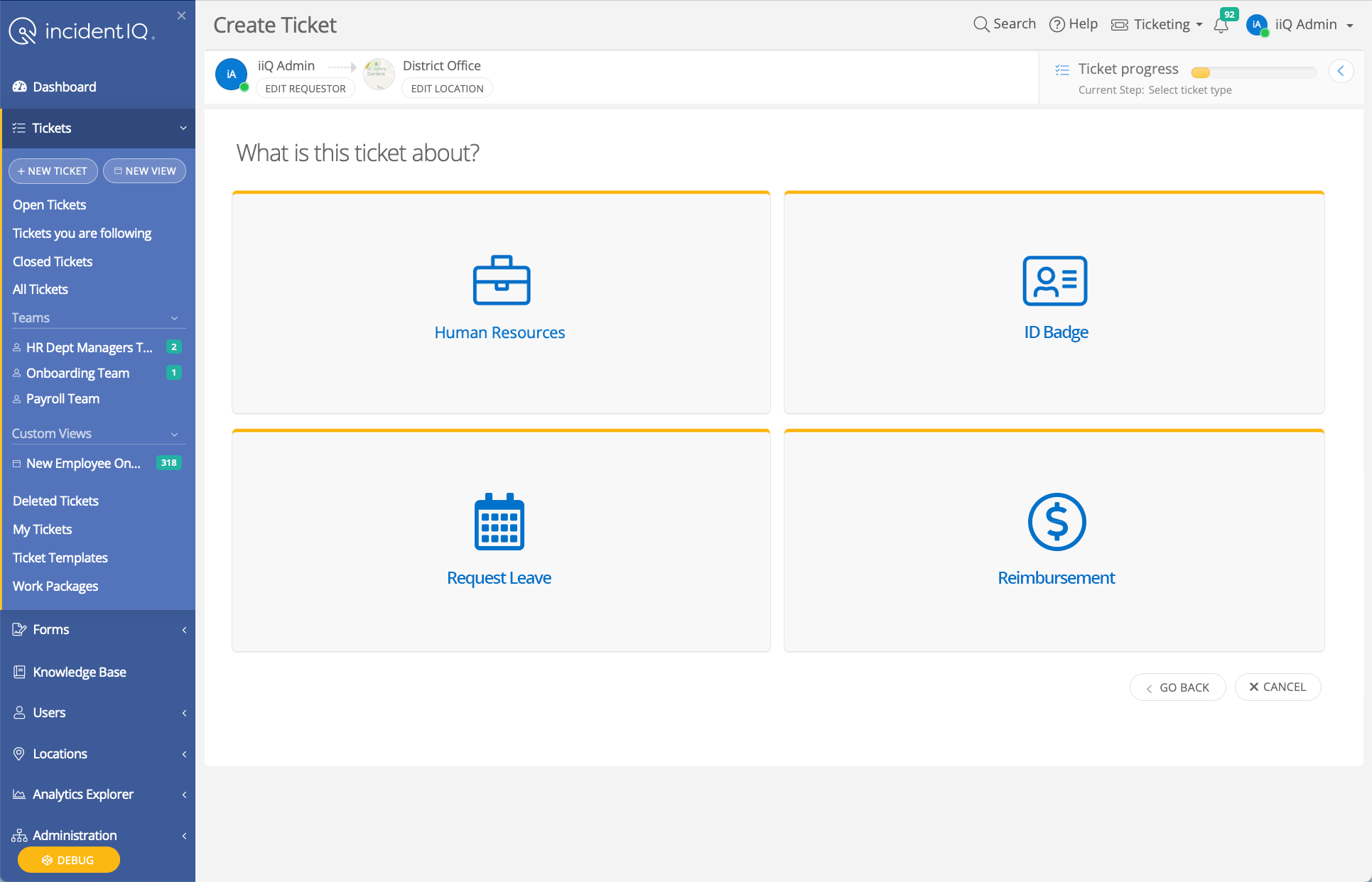 Ticket creation screen on Incident IQ's Help Desk platform