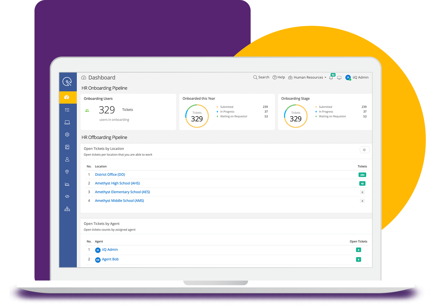 Laptop with screenshot of HR Service Delivery homepage on Incident IQ platform. Purple rectangle and yellow circle are behind the laptop.