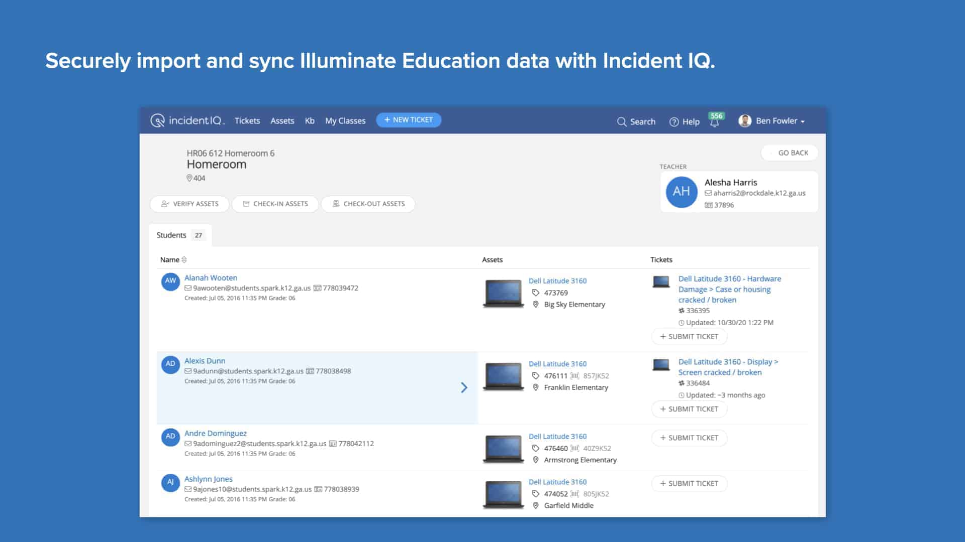 Blue background with Incident IQ's Illuminate Education SIS data import and sync screen