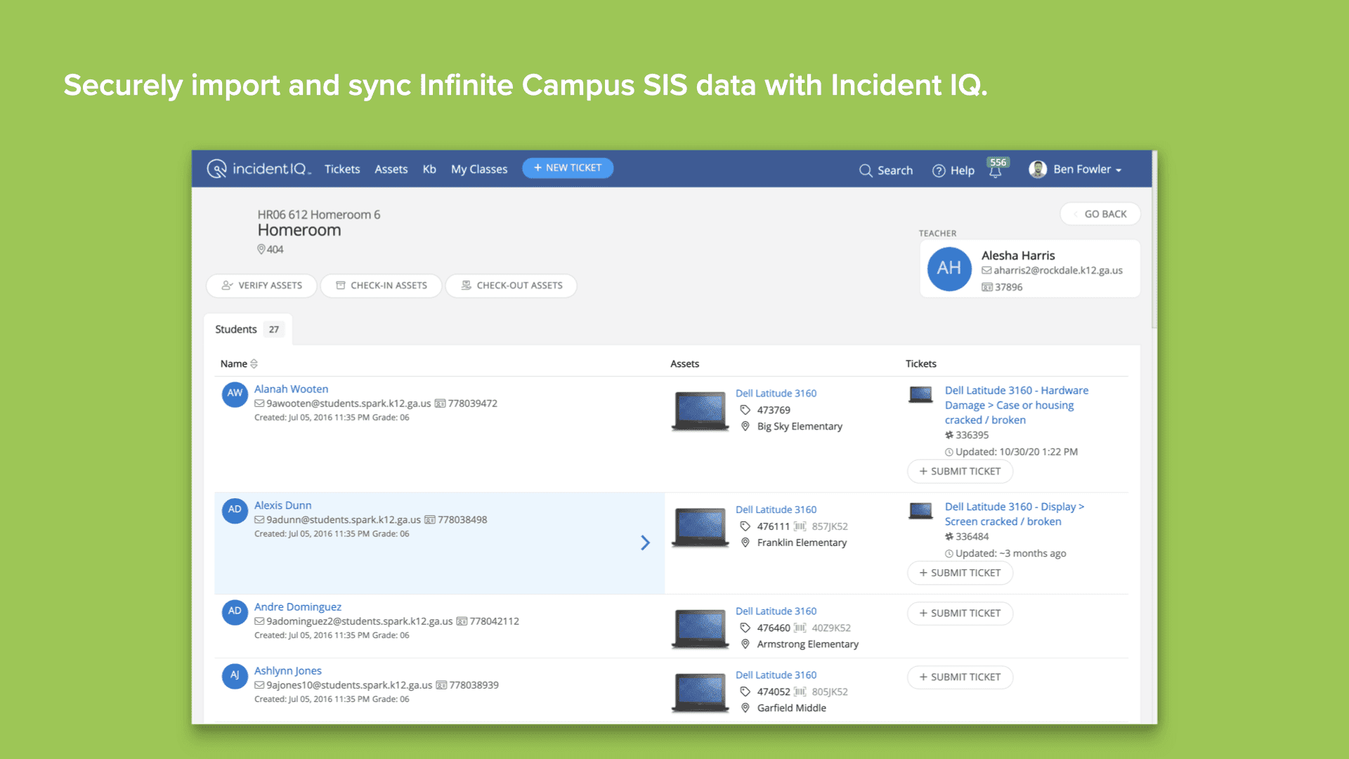 Green background with screenshot of Incident IQ's Infinite Campus SIS data import and sync platform