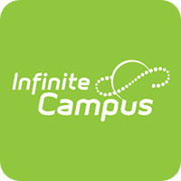 A green square displays the text "Infinite Campus" in white, alongside a stylized, dotted infinity symbol to the right, creating a modern logo design.