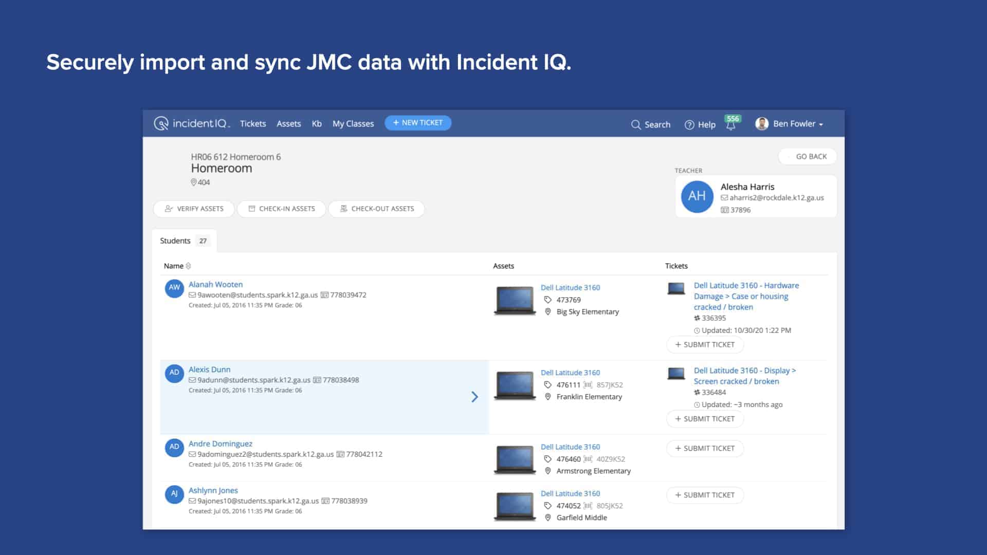 Blue background with Incident IQ's JMC SIS data import and sync screen
