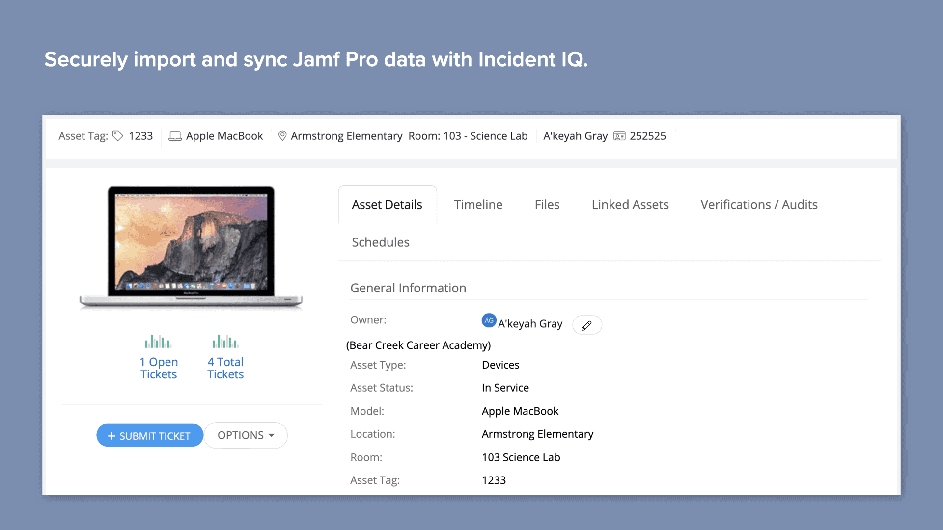 Purple background Incident IQ's jamf Pro SIS data import and sync screen