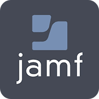 The image shows a logo with abstract blue shapes above the white text "jamf" on a dark gray background. The shapes resemble squared, curved segments.