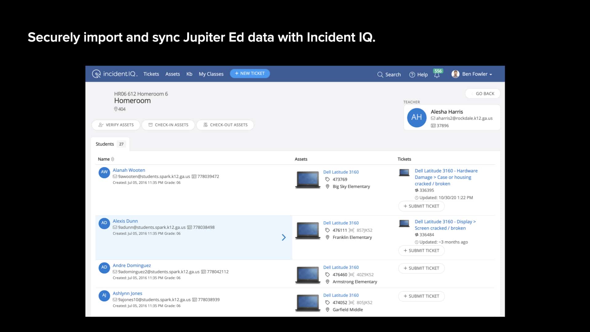 Black background with Incident IQ's SIS Jupiter Ed data import and sync screen