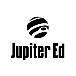 A stylized planet with rings appears above the text "Jupiter Ed," set against a plain, white background.