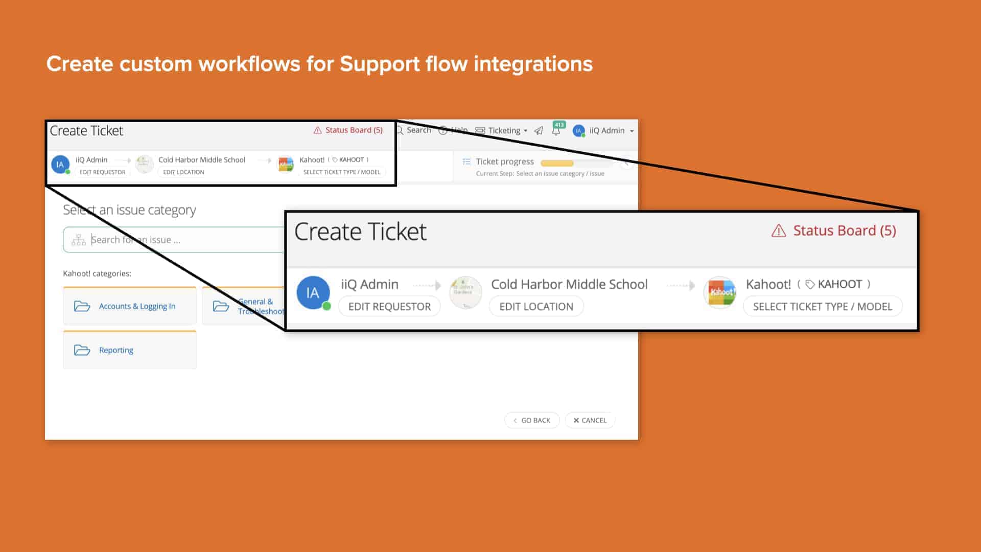 Orange background with screenshot of Incident IQ custom workflow creation for support flow integrations