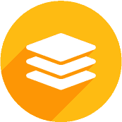 Circular yellow background with stacked rectangles icon (represents layers)