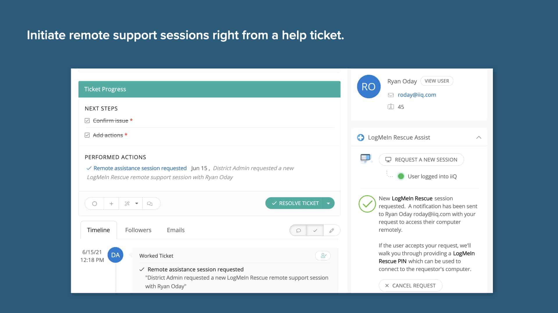 Screenshot of how to remotely initiate support sessions from Incident IQ's help ticketing platform