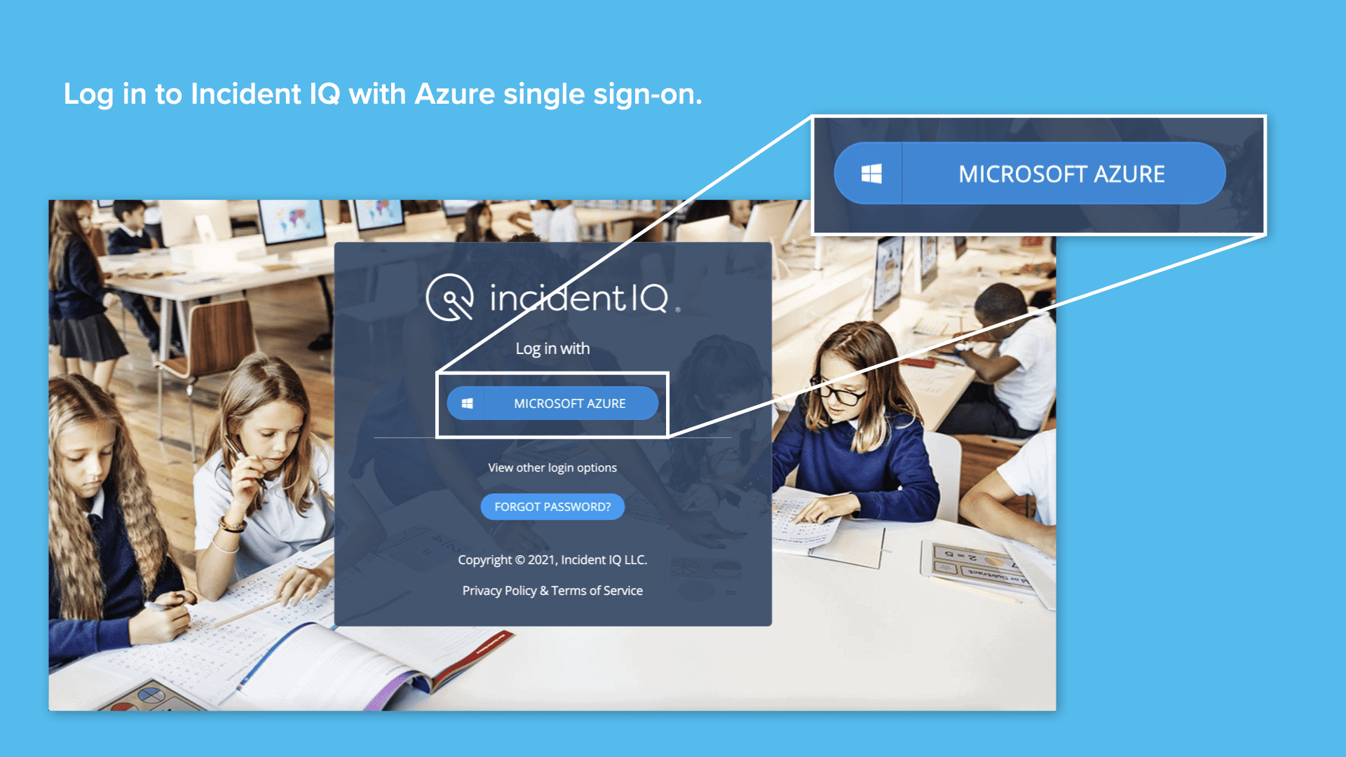 Incident IQ's Microsoft Azure SSO login screen on blue background