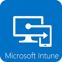 A monitor and smartphone icon display an arrow pointing right, symbolizing connectivity. The blue square background reads "Microsoft Intune."