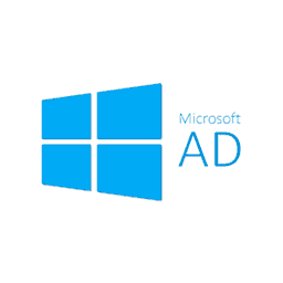 A blue, four-pane window logo is displayed alongside text reading "Microsoft AD" in blue, on a plain white background.