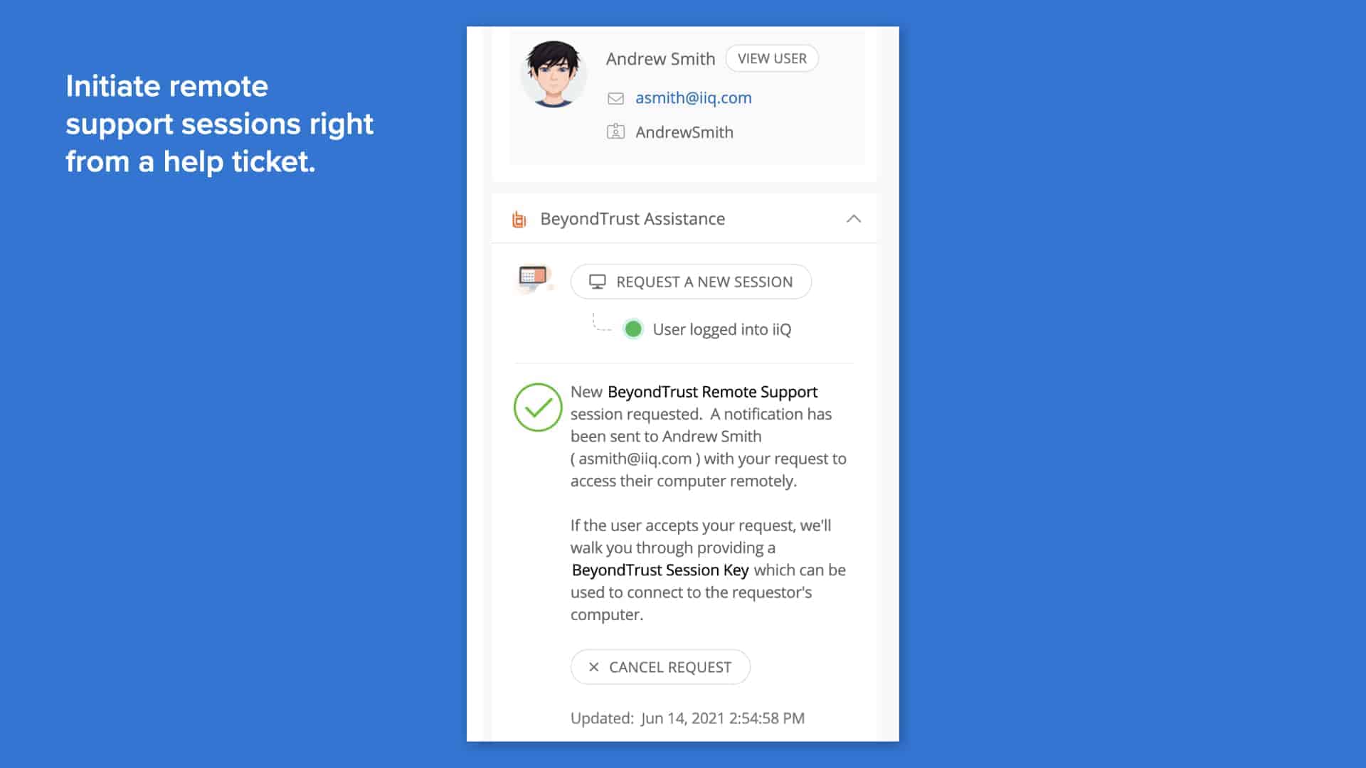 Screenshot of confirmation for remote support session request on Incident IQ's help ticketing platform