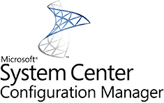 Logo featuring a spiral shape transitioning from blue to gray, above the text: "Microsoft System Center Configuration Manager." The design is minimalistic, emphasizing software branding.