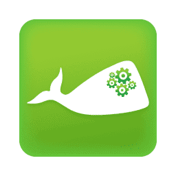 A white whale tail with green gears inside is displayed on a green square background, symbolizing technology and nature integration.