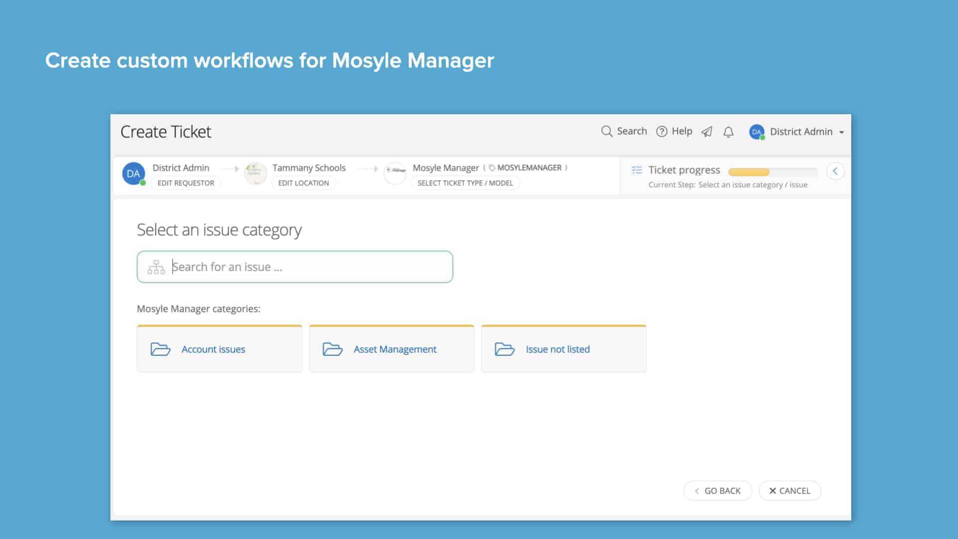 Light blue background with screenshot of Incident IQ custom workflow creation screen