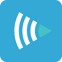 A blue square features three white curved lines resembling sound waves moving left from a small teal triangle, indicating a broadcast or signal concept.