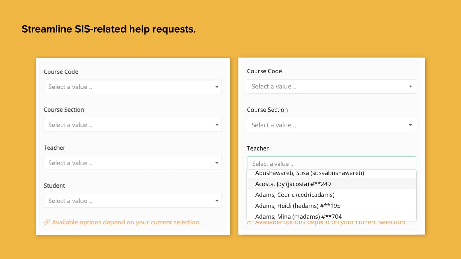 Yellow background with screenshot of Incident IQ’s course code and student selectors