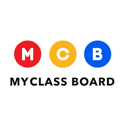 Logo with three colored circles each containing a letter: "M" in red, "C" in yellow, "B" in blue. Below, bold black text reads "MY CLASS BOARD" on a white background.