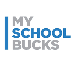 The text "MY SCHOOL BUCKS" appears in uppercase, split into two colors with "MY" and "BUCKS" in gray, and "SCHOOL" in blue. A vertical blue line decorates the left side.
