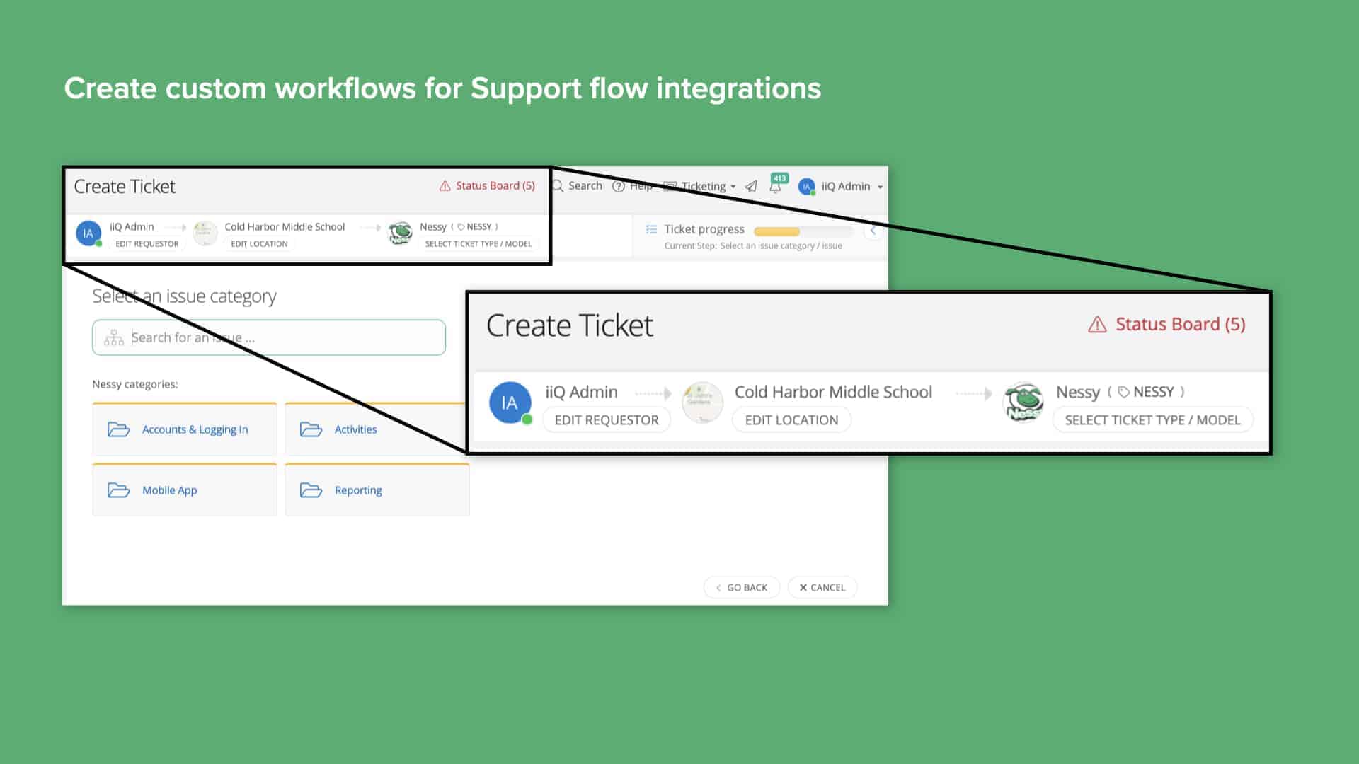 Green background with screenshot of Incident IQ custom workflow creation for support flow integrations