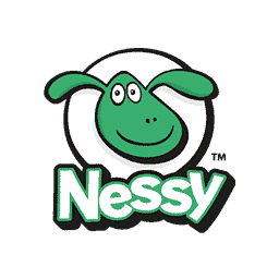 Green cartoon creature with a smiling face is centered, encircled by a white ring. Below, bold text reads "Nessy" with a shadow effect. Background is plain white.