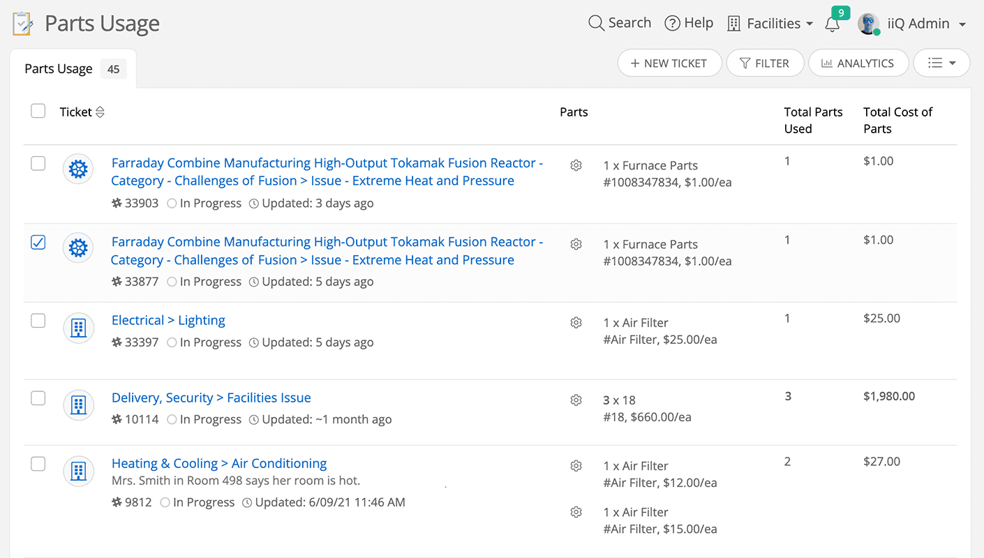 Parts Usage screen image