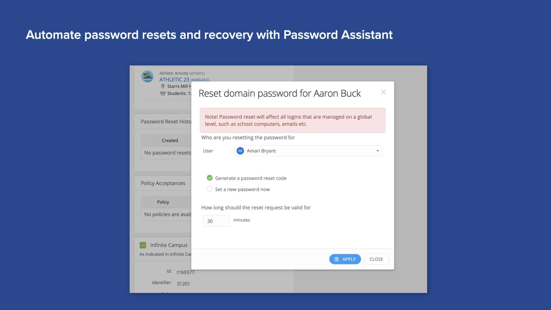 Password reset and recovery screen through Incident IQ's Password Assistant app
