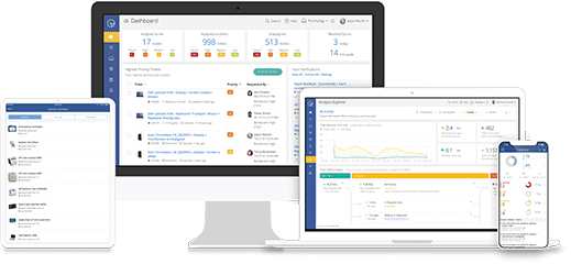 Multiple digital devices display analytical software showing statistics, graphs, and notifications on screens. The context suggests a business or productivity setting, with a focus on data management and analysis.
