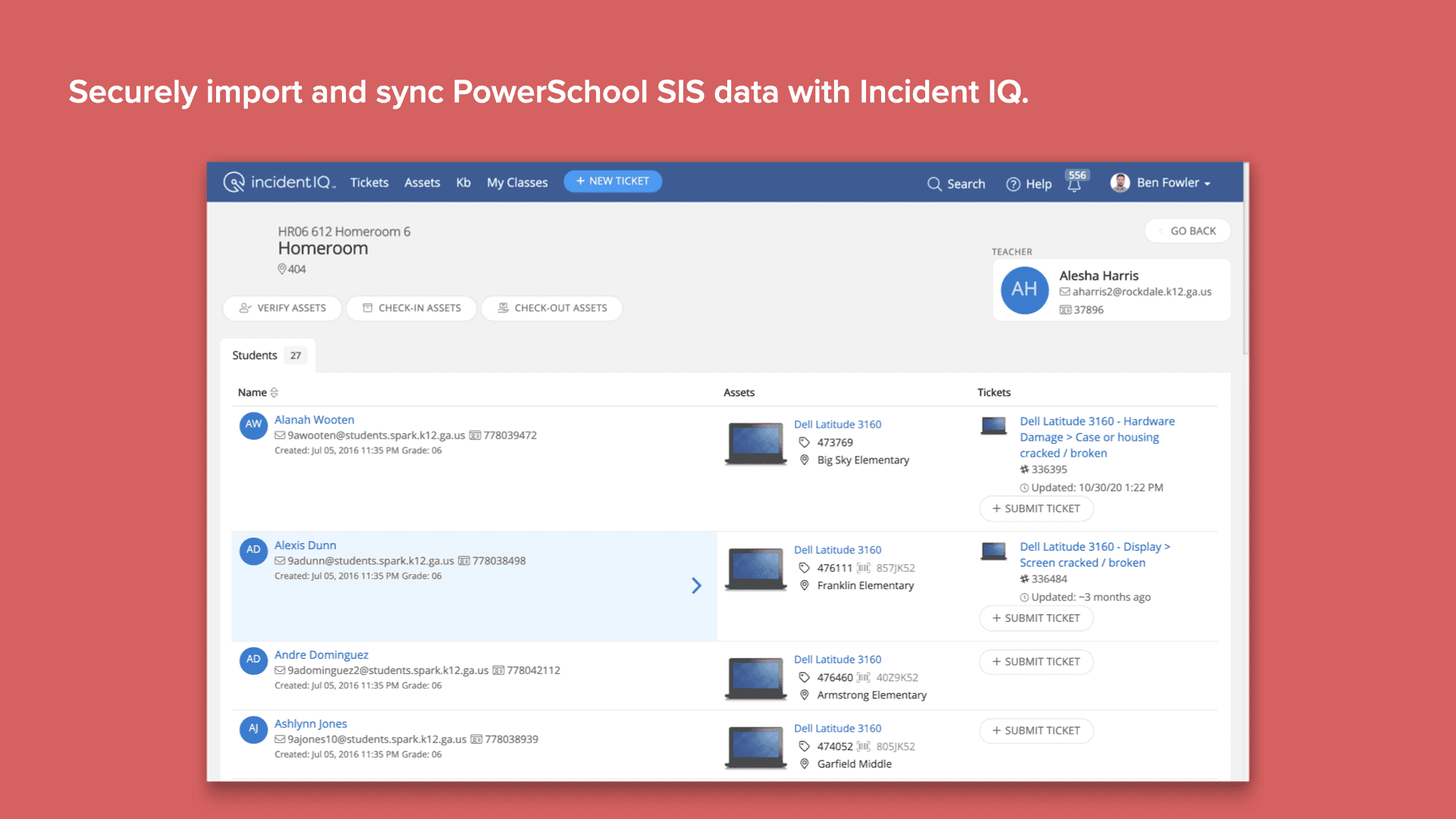 Red background with screenshot of Incident IQ's PowerSchool SIS data import and sync screen